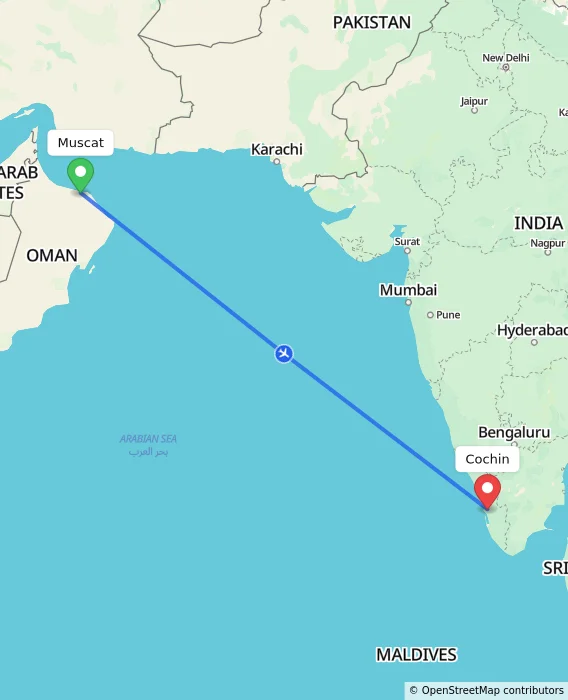 Route map showing distance and travel time from Muscat, Oman to Cochin, India