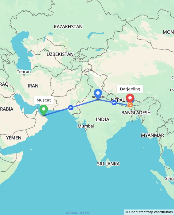 Route map showing distance and travel time from Muscat, Oman to Darjeeling, India