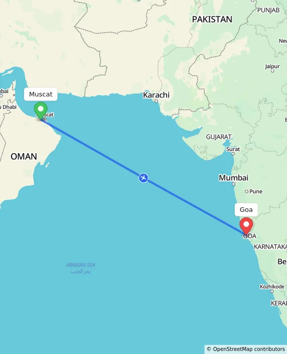 Route map showing distance and travel time from Muscat, Oman to Goa, India