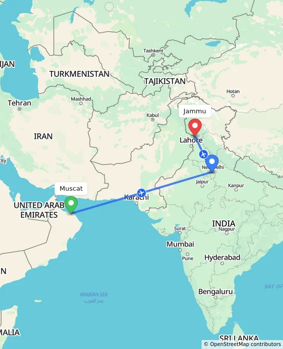 Route map showing distance and travel time from Muscat, Oman to Jammu, India