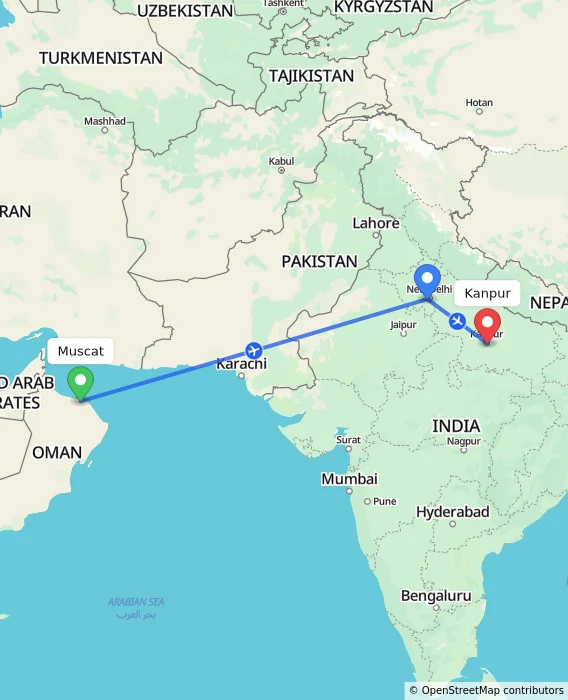 Route map showing distance and travel time from Muscat, Oman to Kanpur, India