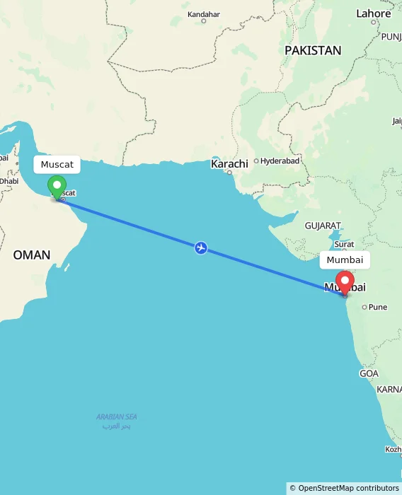Route map showing distance and travel time from Muscat, Oman to Mumbai, India