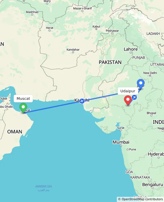 Route map showing distance and travel time from Muscat, Oman to Udaipur, India
