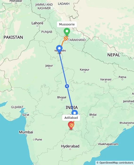 Route map showing distance and travel time from Mussoorie, India to Adilabad, India