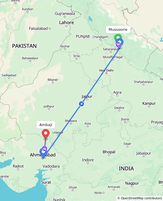 Route map showing distance and travel time from Mussoorie, India to Ambaji, India