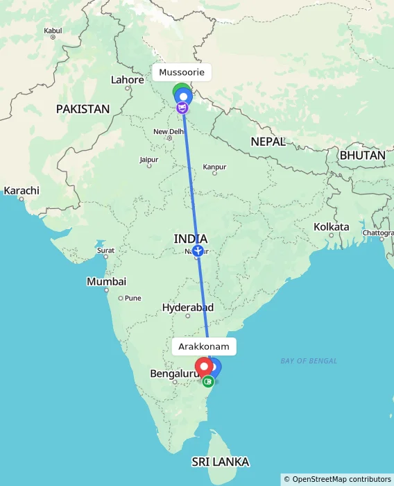 Route map showing distance and travel time from Mussoorie, India to Arakkonam, India