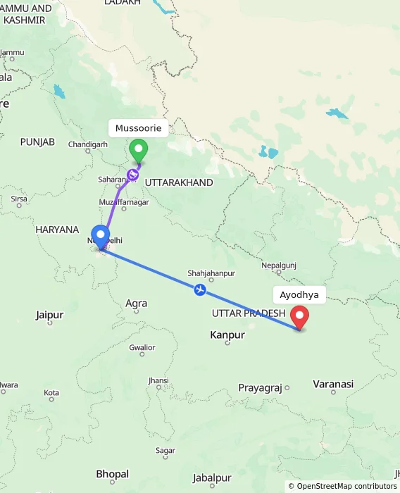 Route map showing distance and travel time from Mussoorie, India to Ayodhya, India