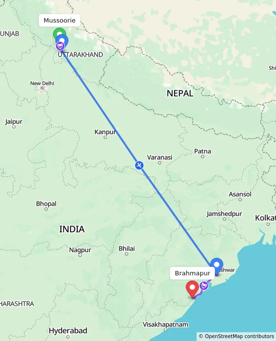 Route map showing distance and travel time from Mussoorie, India to Brahmapur, India