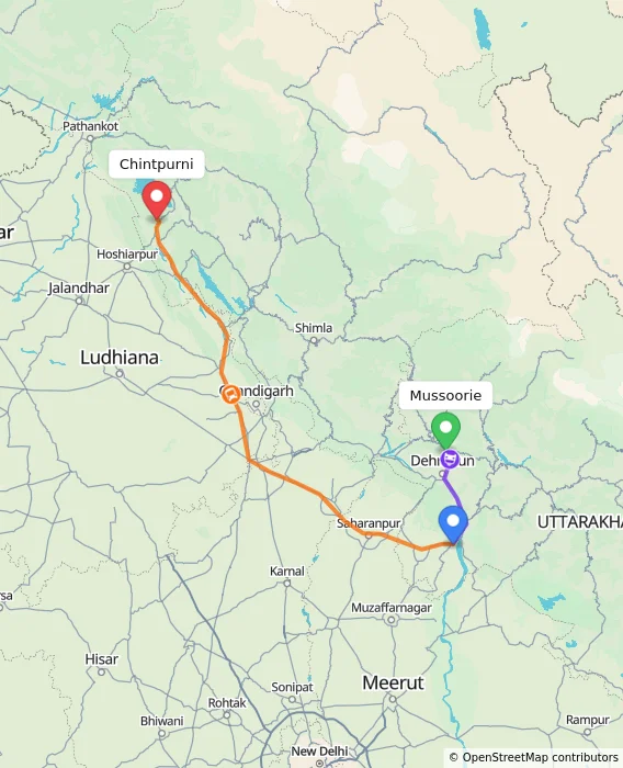 Route map showing distance and travel time from Mussoorie, India to Chintpurni, India