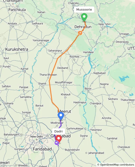 Route map showing distance and travel time from Mussoorie, India to Dadri, India