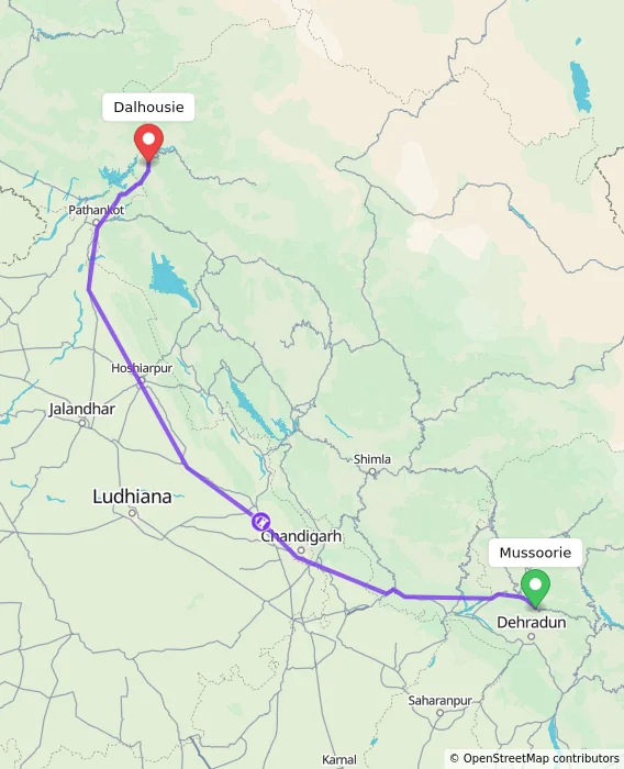 Route map showing distance and travel time from Mussoorie, India to Dalhousie, India