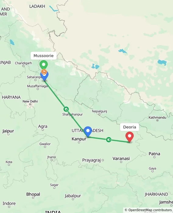 Route map showing distance and travel time from Mussoorie, India to Deoria, India