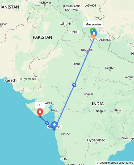 Route map showing distance and travel time from Mussoorie, India to Diu, India