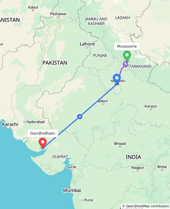 Route map showing distance and travel time from Mussoorie, India to Gandhidham, India
