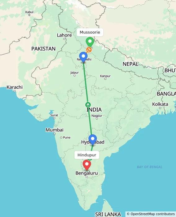 Route map showing distance and travel time from Mussoorie, India to Hindupur, India