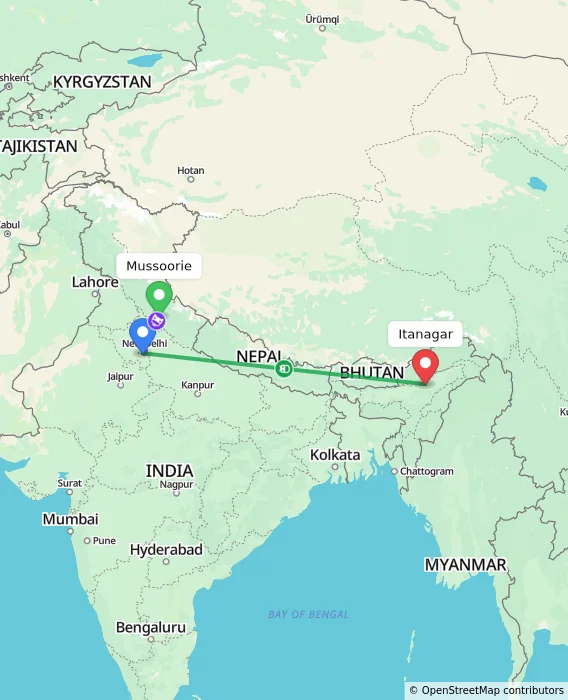Route map showing distance and travel time from Mussoorie, India to Itanagar, India