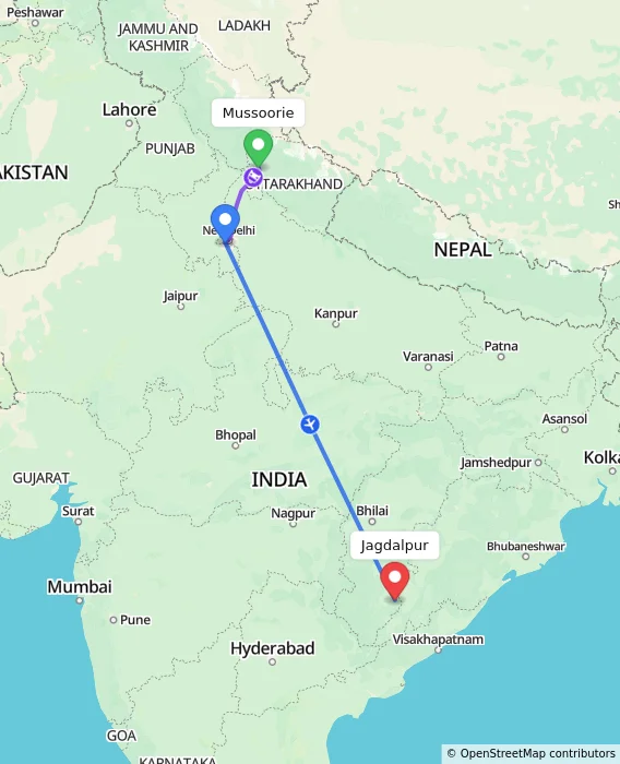 Route map showing distance and travel time from Mussoorie, India to Jagdalpur, India