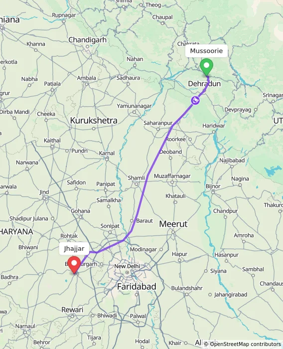 Route map showing distance and travel time from Mussoorie, India to Jhajjar, India