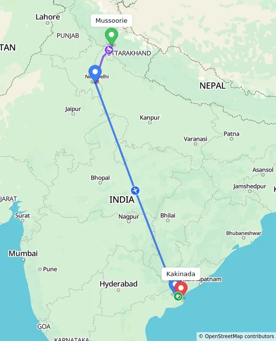 Route map showing distance and travel time from Mussoorie, India to Kakinada, India