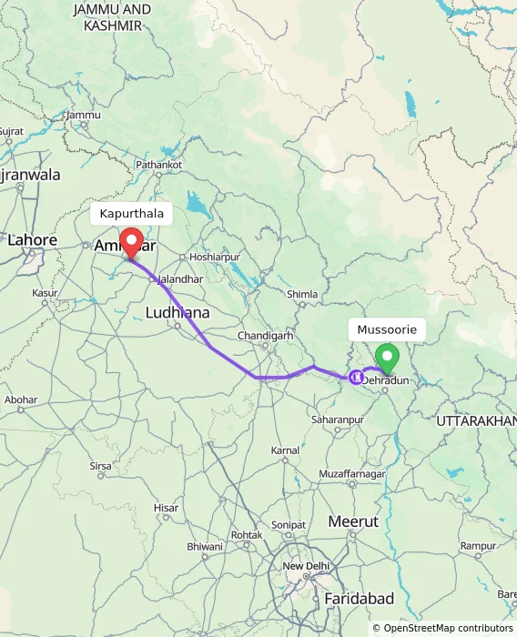 Route map showing distance and travel time from Mussoorie, India to Kapurthala, India