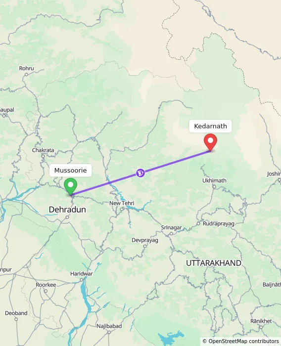 Route map showing distance and travel time from Mussoorie, India to Kedarnath, India