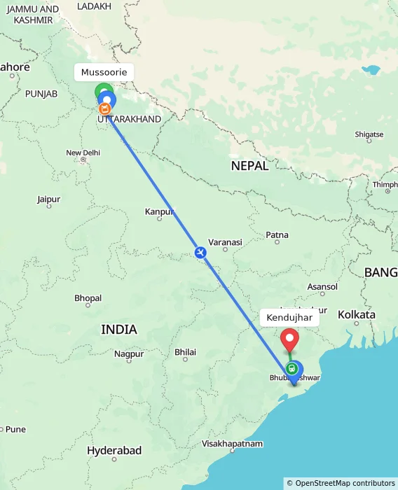 Route map showing distance and travel time from Mussoorie, India to Kendujhar, India