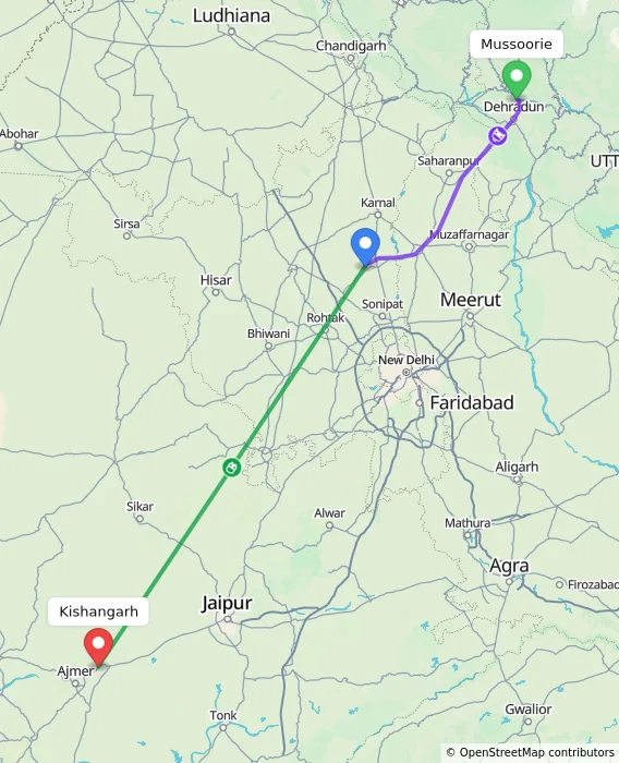 Route map showing distance and travel time from Mussoorie, India to Kishangarh, India