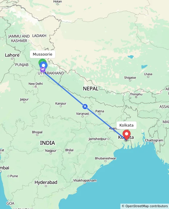 Route map showing distance and travel time from Mussoorie, India to Kolkata, India