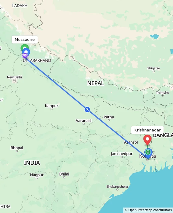 Route map showing distance and travel time from Mussoorie, India to Krishnanagar, India