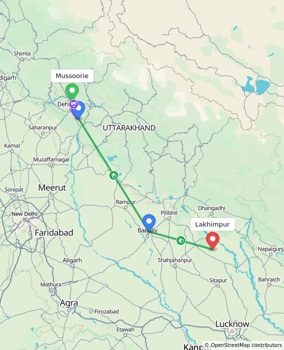 Route map showing distance and travel time from Mussoorie, India to Lakhimpur, India