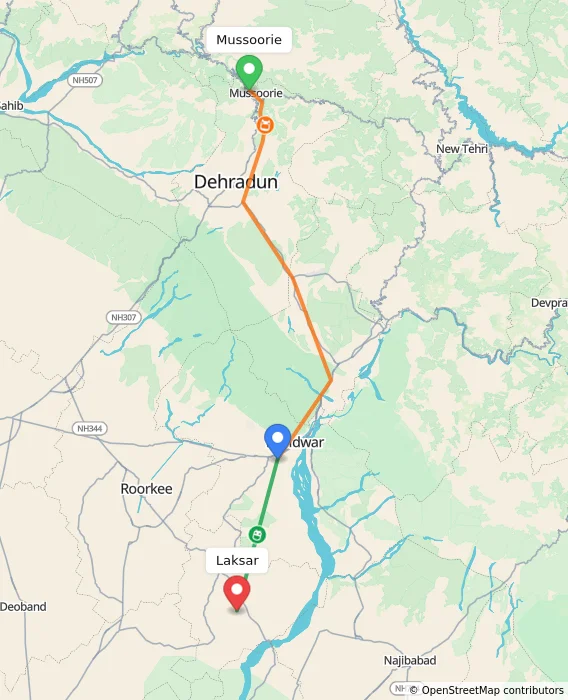 Route map showing distance and travel time from Mussoorie, India to Laksar, India