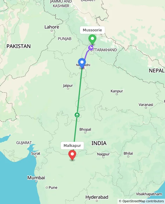 Route map showing distance and travel time from Mussoorie, India to Malkapur, India