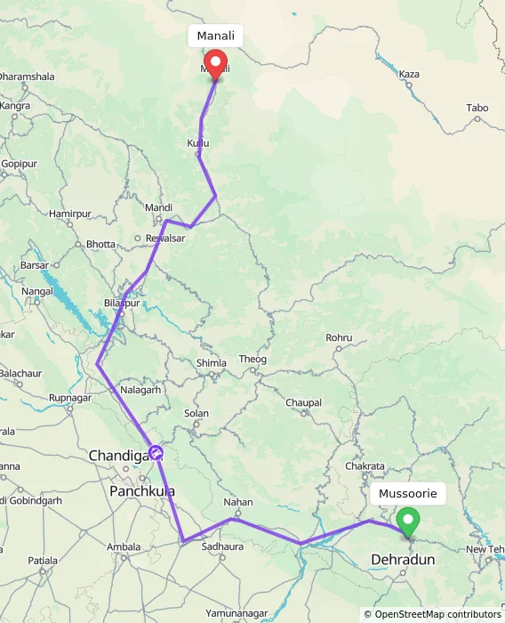 Route map showing distance and travel time from Mussoorie, India to Manali, India