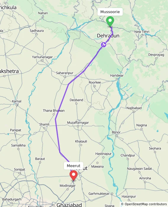 Route map showing distance and travel time from Mussoorie, India to Meerut, India