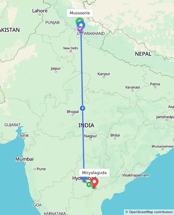 Route map showing distance and travel time from Mussoorie, India to Miryalaguda, India