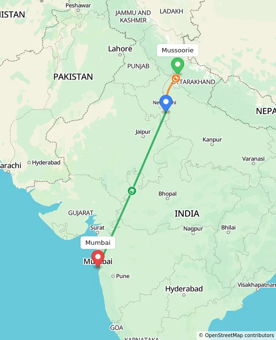Route map showing distance and travel time from Mussoorie, India to Mumbai, India