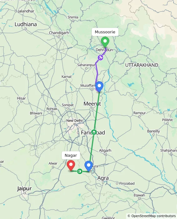Route map showing distance and travel time from Mussoorie, India to Nagar, India