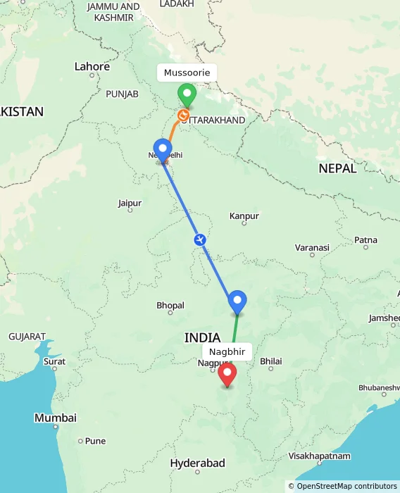 Route map showing distance and travel time from Mussoorie, India to Nagbhir, India