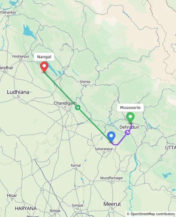 Route map showing distance and travel time from Mussoorie, India to Nangal, India