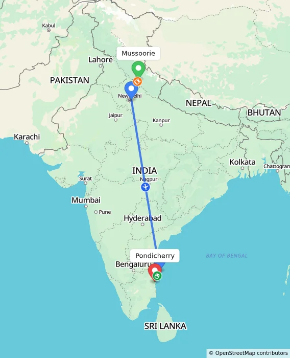 Route map showing distance and travel time from Mussoorie, India to Puducherry, India