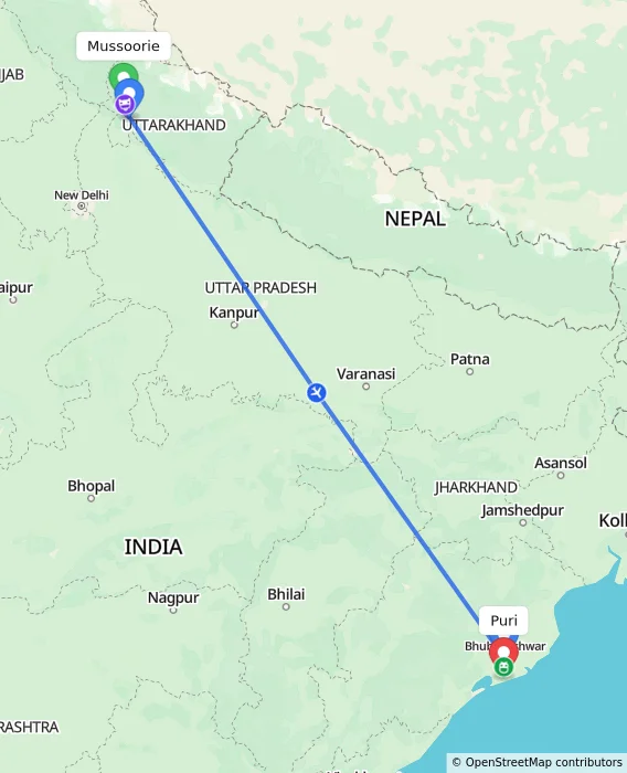 Route map showing distance and travel time from Mussoorie, India to Puri, India