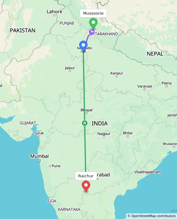 Route map showing distance and travel time from Mussoorie, India to Raichur, India