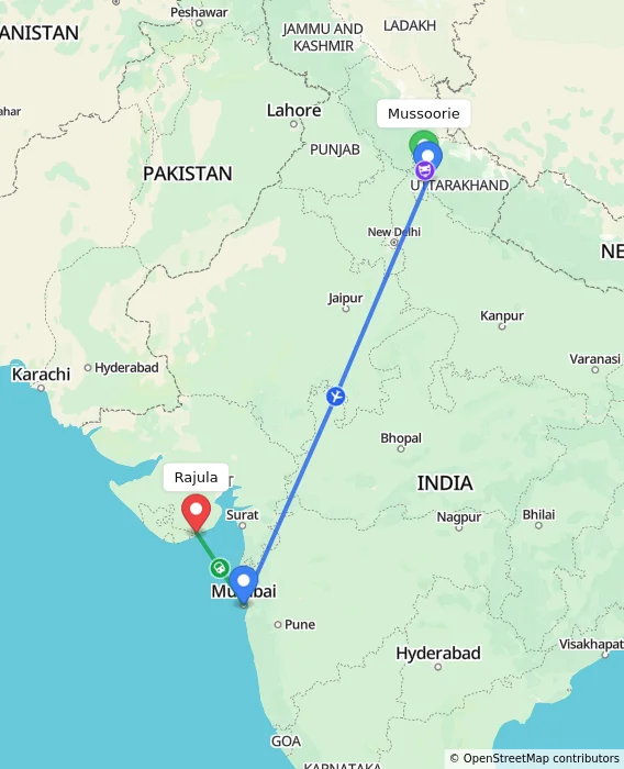 Route map showing distance and travel time from Mussoorie, India to Rajula, India