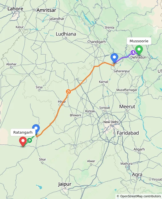 Route map showing distance and travel time from Mussoorie, India to Ratangarh, India
