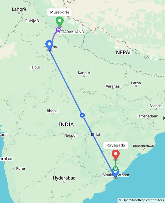 Route map showing distance and travel time from Mussoorie, India to Rayagada, India