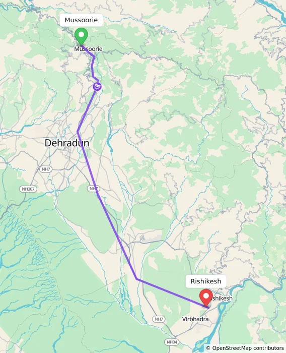Route map showing distance and travel time from Mussoorie, India to Rishikesh, India