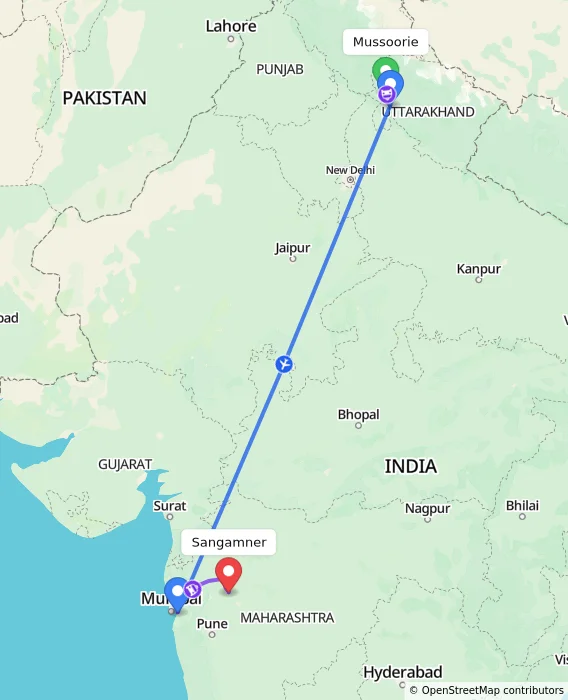 Route map showing distance and travel time from Mussoorie, India to Sangamner, India