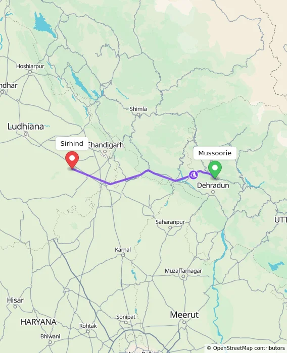 Route map showing distance and travel time from Mussoorie, India to Sirhind, India