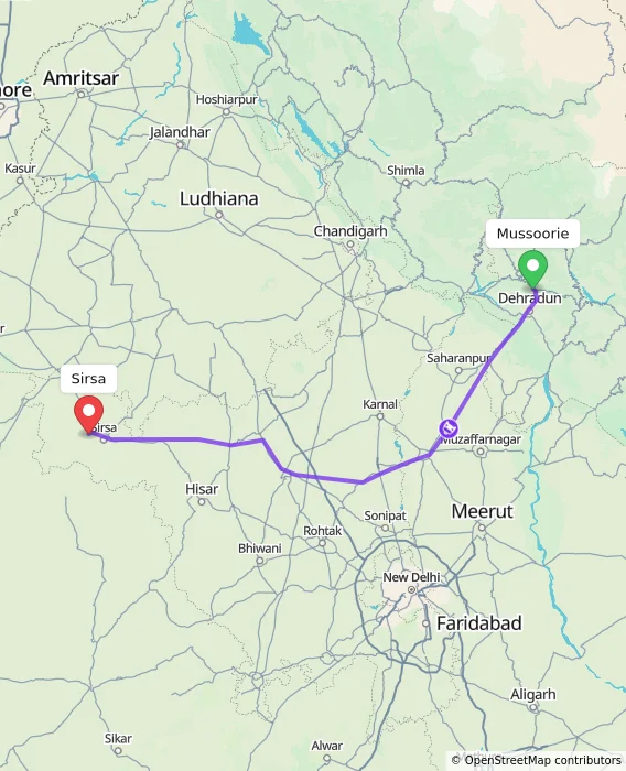 Route map showing distance and travel time from Mussoorie, India to Sirsa, India