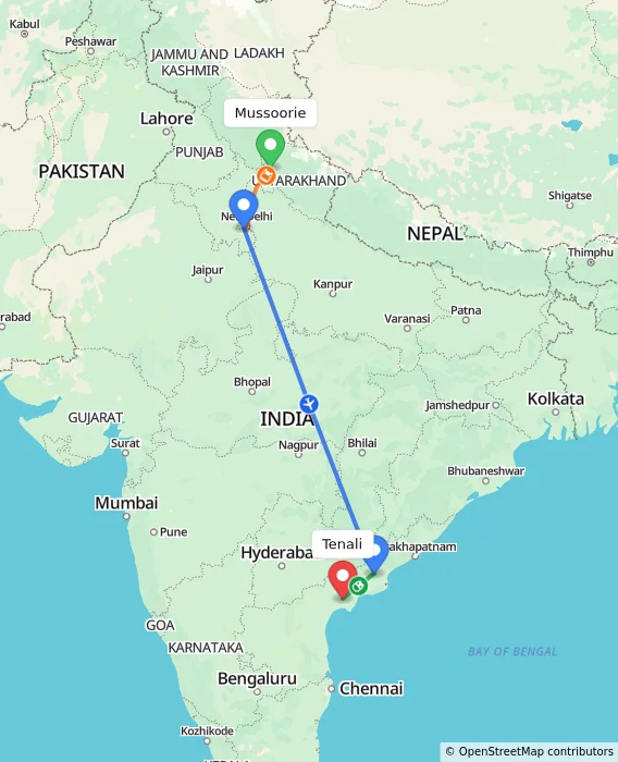 Route map showing distance and travel time from Mussoorie, India to Tenali, India